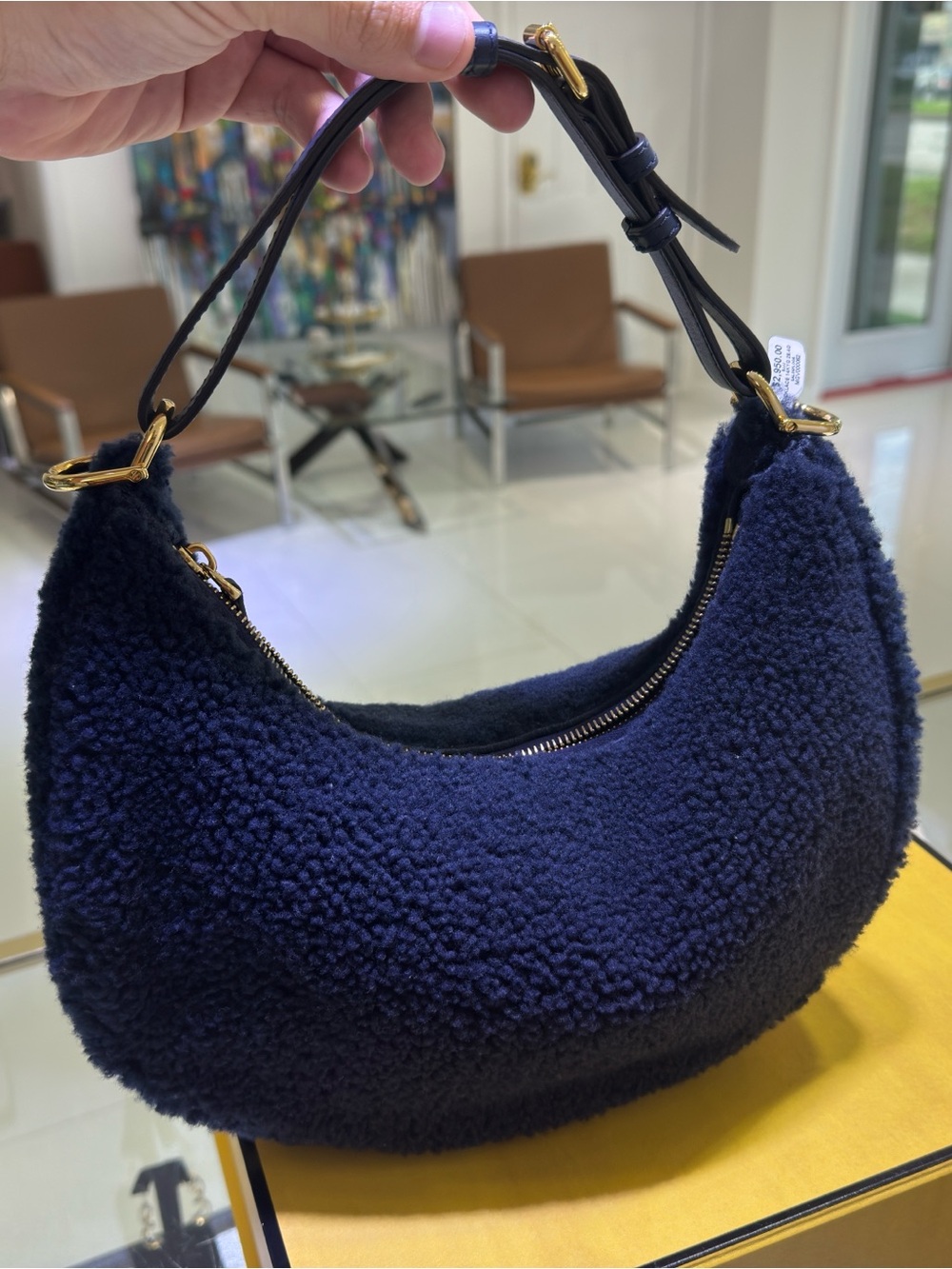 Fendi Navy Sherpa Crescent Shoulder Bag with Gold Hardware